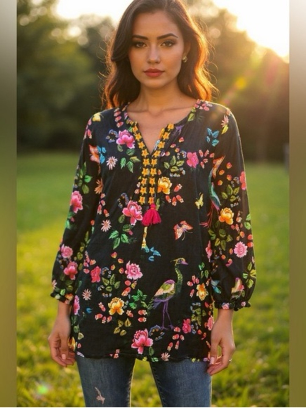 Johnny Was Floral Bird Print Black Women’s Button-Front Blouse